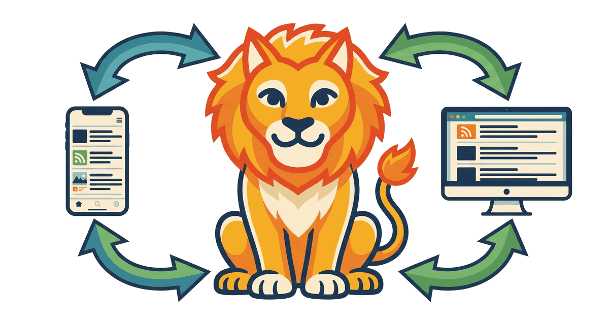 The Lion Reader lion syncing with a phone and a desktop feed reader via two-way arrows.